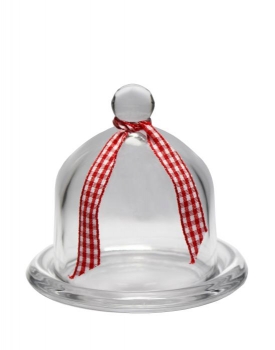 Mini-Glas- oder Käseglocke mit Teller und Karoband, 97,5x95mm